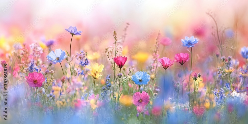 Vibrant Meadow: A vivid panorama of wildflowers, a kaleidoscope of color bursting forth under a soft, dreamy sky, representing the season of spring. Vibrant Meadow: A vivid panorama of wildflowers, a kaleidoscope of color bursting forth under a soft, dreamy sky, representing the season of spring.