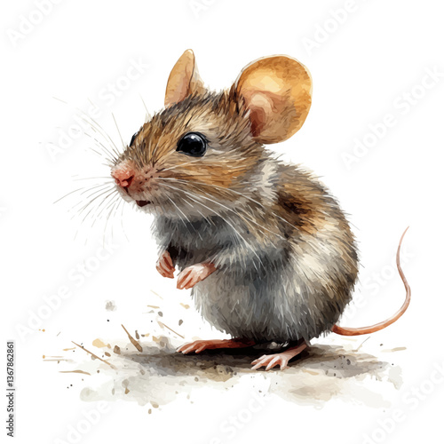 A watercolor painting of a mouse, isolated on a white background. Mouse vector.

