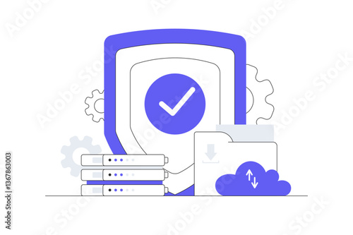 Database protection and Cyber security. Privacy data. Data Center, File management, cloud storage. Flat Cartoon Vector Illustration, icon. Stylish abstract design web