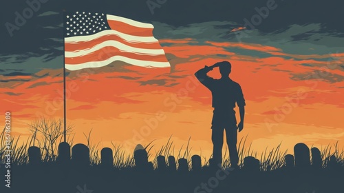 Illustration of a young soldier standing before the graves of fallen comrades saluting as the U.S. flag waves gently in the background solemn and powerful