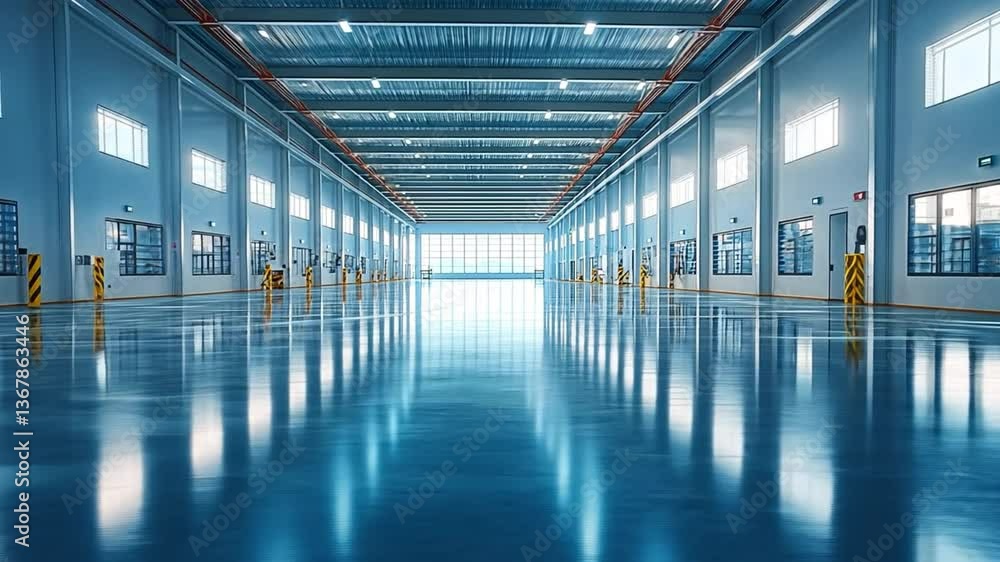 Modern Industrial Space: The cavernous interior of a contemporary industrial warehouse or factory, bathed in cool, diffused light and reflecting on the polished floor. Modern Industrial Space: The cavernous interior of a contemporary industrial warehouse or factory, bathed in cool, diffused light and reflecting on the polished floor.