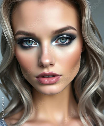 Elegant portrait showcasing close-up female face highlighted by striking blue eyeshadow and well-defined features, emphasizing beauty, sophistication, and creativity, ideal for makeup, fashion, or bea