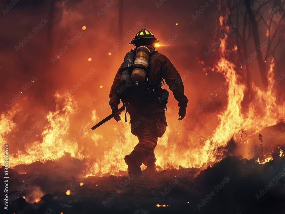 Courageous Firefighter Battling Intense Wildfire in a Fiery Forest Landscape Courageous Firefighter Battling Intense Wildfire in a Fiery Forest Landscape