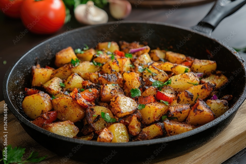 A sizzling skillet of batata harra with spicy fried potatoes A sizzling skillet of batata harra with spicy fried potatoes