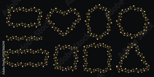 Golden star border and frames set. Round, square, oval, heart shapes from star garlands. Festive borders for postcard, invitation, banner, flyer. Vector graphics