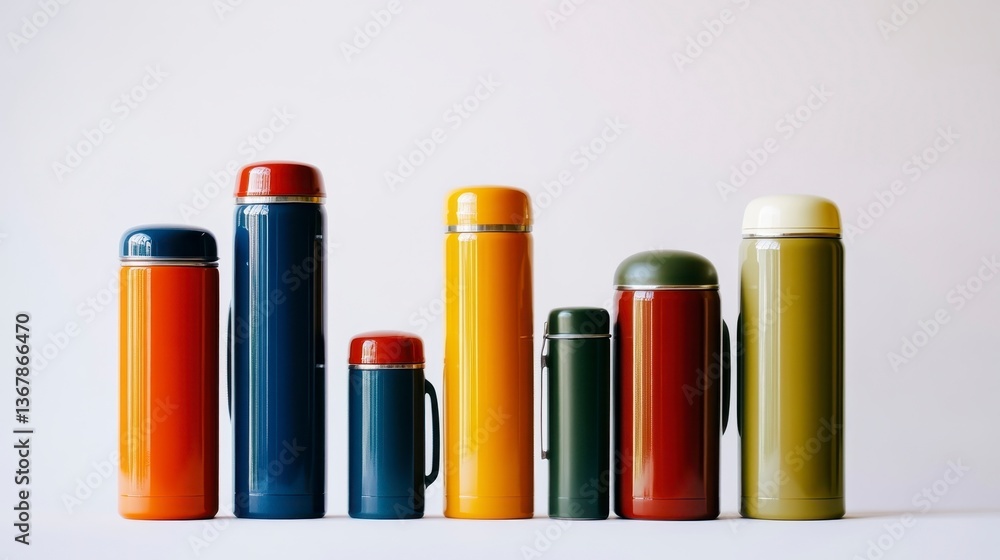Colorful Thermoses in Rows Colorful Thermoses in Rows