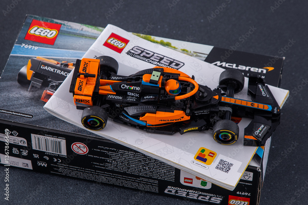 Obraz premium LEGO Toy racing McLaren Formula 1 Car Model Ukraine, Kyiv - January 8, 2025.