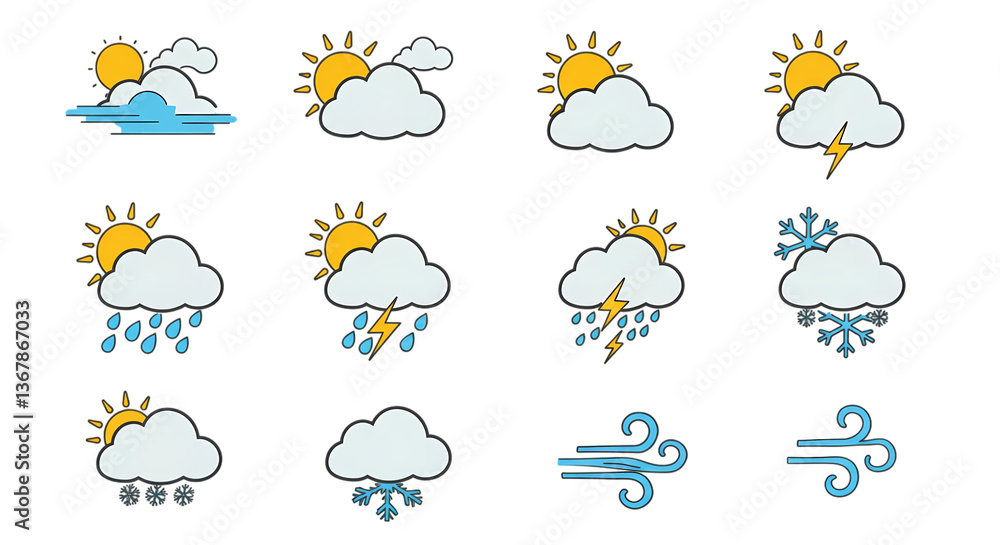 Obraz premium Weather Icons: Sun, Rain, Snow on Transparent background