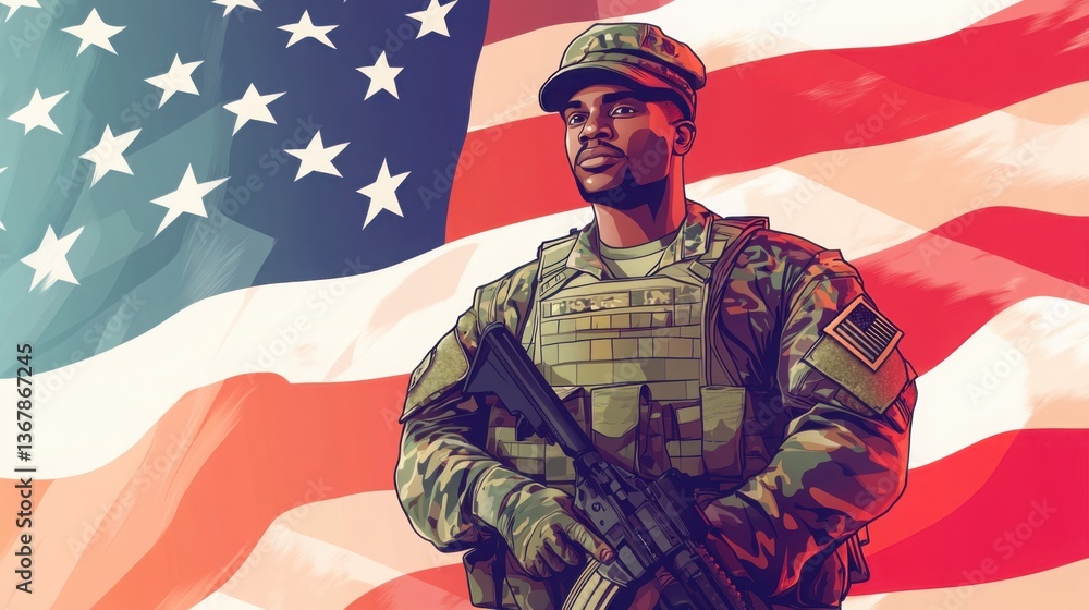 Illustration of an African American U.S. soldier standing in front of the flag proud and determined expression powerful representation of diversity in the military Illustration of an African American U.S. soldier standing in front of the flag proud and determined expression powerful representation of diversity in the military