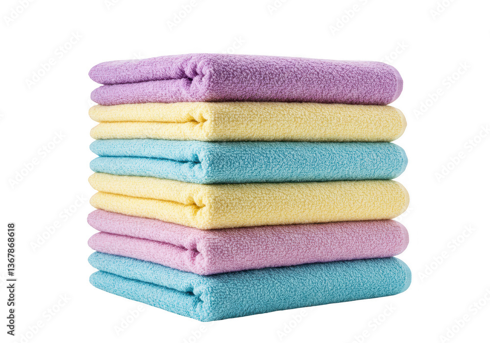 A neatly folded stack of soft fluffy towels in pastel colors isolated on transparent background A neatly folded stack of soft fluffy towels in pastel colors isolated on transparent background