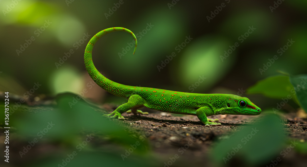 Fototapeta premium Vibrant Green Gecko Displays Unique Tail Curl in Lush Natural Environment