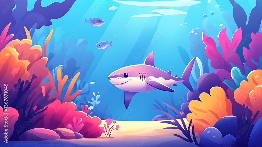 Naklejka premium Underwater Paradise: A Cartoon Shark's Serene Ocean Realm