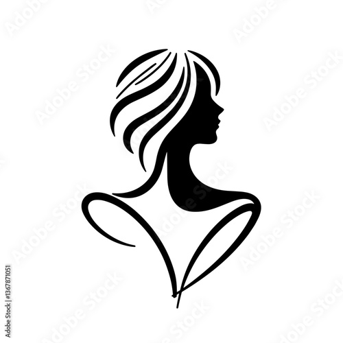Elegant silhouette of a woman with flowing hair in black design on transparent background