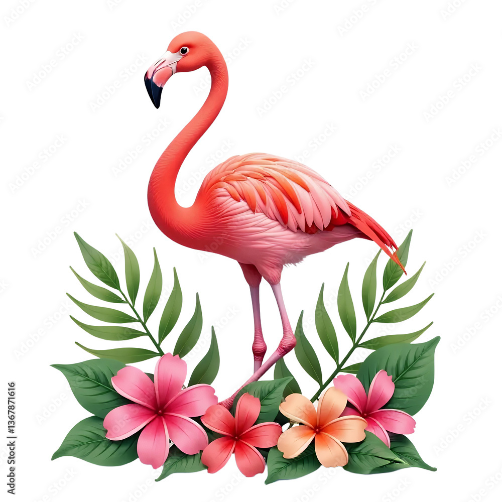 Obraz premium Pink-Flamingo-Tropical-Flowers-Floral-Design-Bird-Art-Illustration