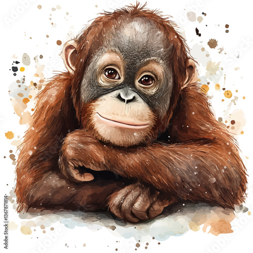 A watercolor painting of an orangutan, isolated on a white background. Orangutan vector.

