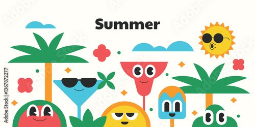 Summer background with cocktails and fruits cartoon character.