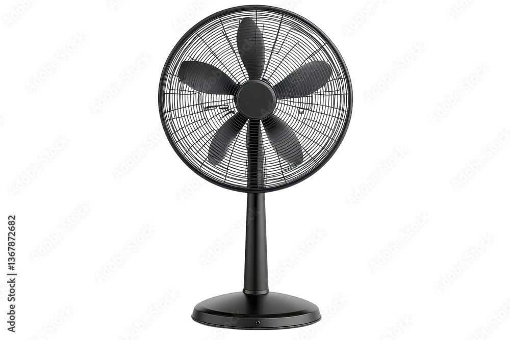 A sleek black desk fan offering a refreshing breeze on a hot summer day, its five blades spinning silently against a clean white background. A sleek black desk fan offering a refreshing breeze on a hot summer day, its five blades spinning silently against a clean white background.