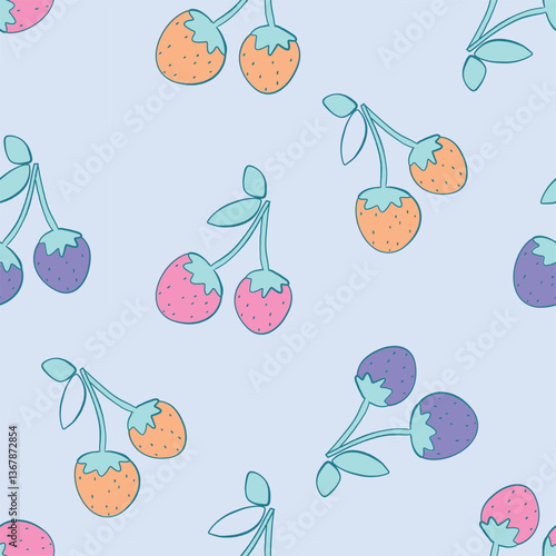 Cute colorful flower, heart and crochet  fruit strawberry print pattern seamless print pattern graphic tee design for kids market as vector
