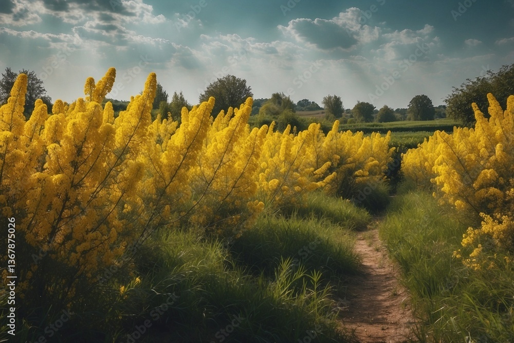 Garden with Blooming Yellow Mimosa Against a Lush Green Field: A Harmony of Colors and Nature's Splendor