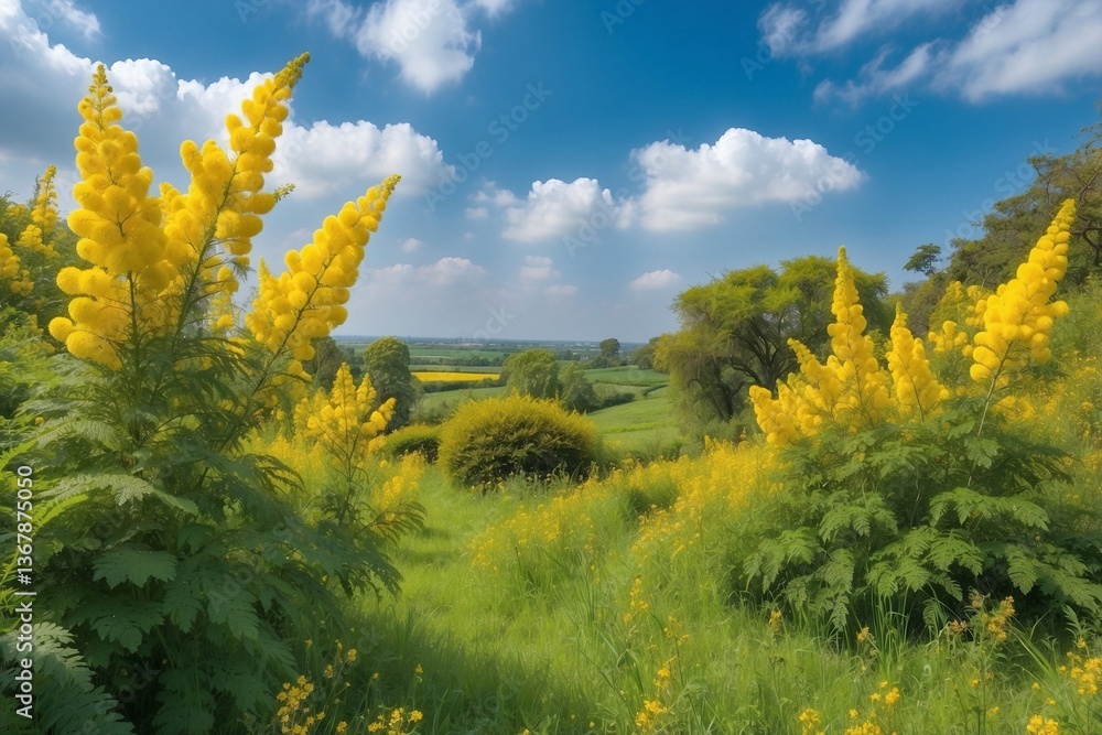 Garden with Blooming Yellow Mimosa Against a Lush Green Field: A Harmony of Colors and Nature's Splendor