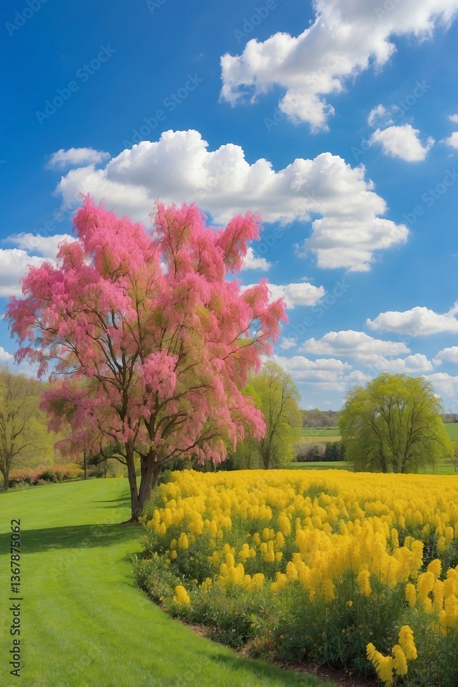 Garden with Blooming Yellow Mimosa Against a Lush Green Field: A Harmony of Colors and Nature's Splendor