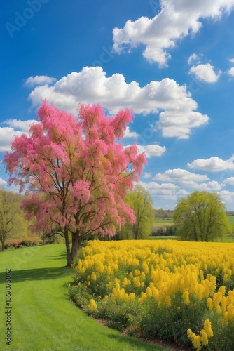 Garden with Blooming Yellow Mimosa Against a Lush Green Field: A Harmony of Colors and Nature's Splendor