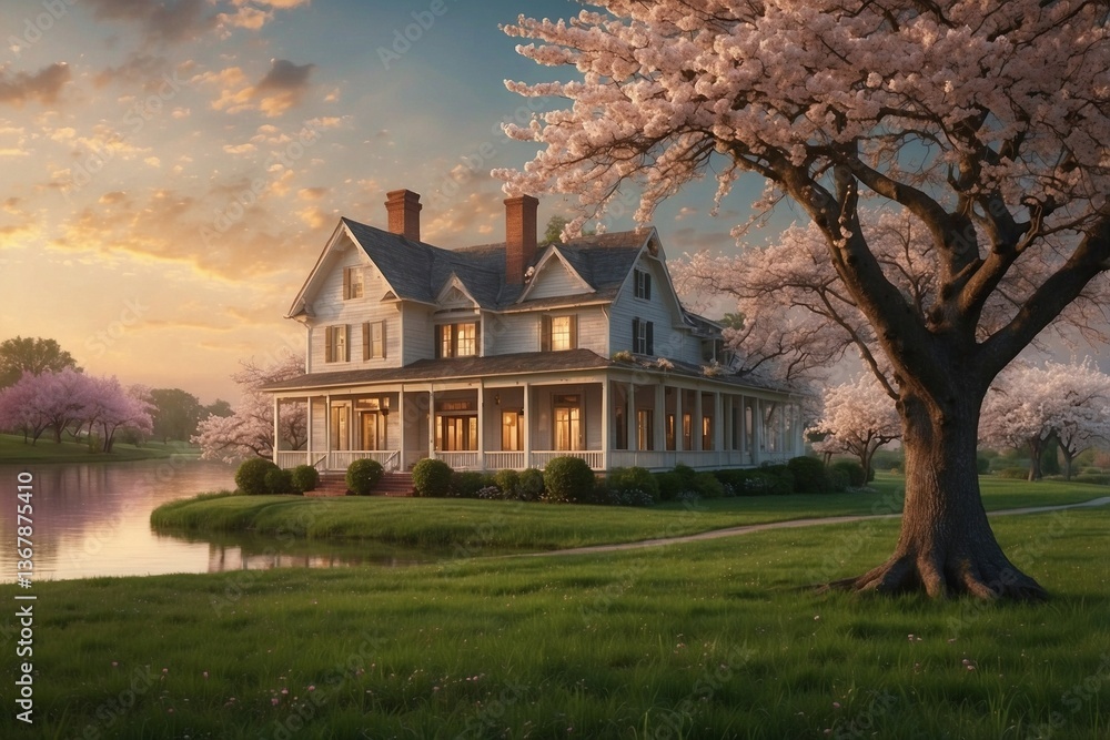 House atop a Lush Green Field: Dreamy Atmosphere with Blooming Cherry Trees and a Lake in the Foreground