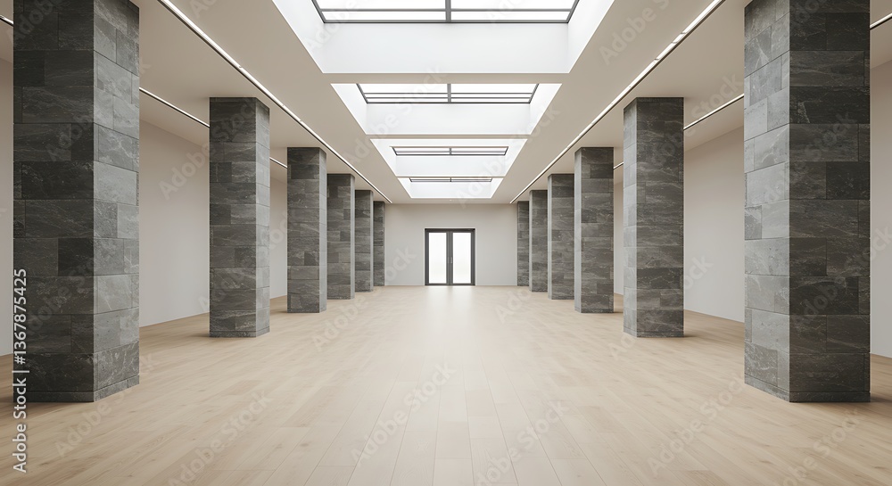 Fototapeta premium Light floods a spacious minimalist gallery interior featuring sleek gray stone pillars and light wood flooring creating a serene and sophisticated atmosphere ideal for design 