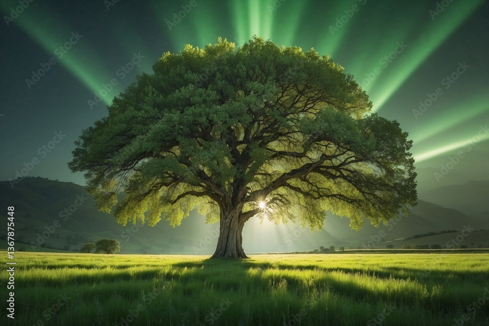 Solitary Tree Against a Green Field: Magical Lighting and Beautiful Shades of Nature