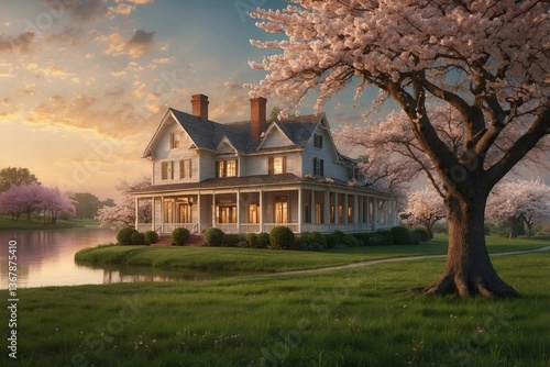 Obraz na płótnie House atop a Lush Green Field: Dreamy Atmosphere with Blooming Cherry Trees and a Lake in the Foreground w salonie