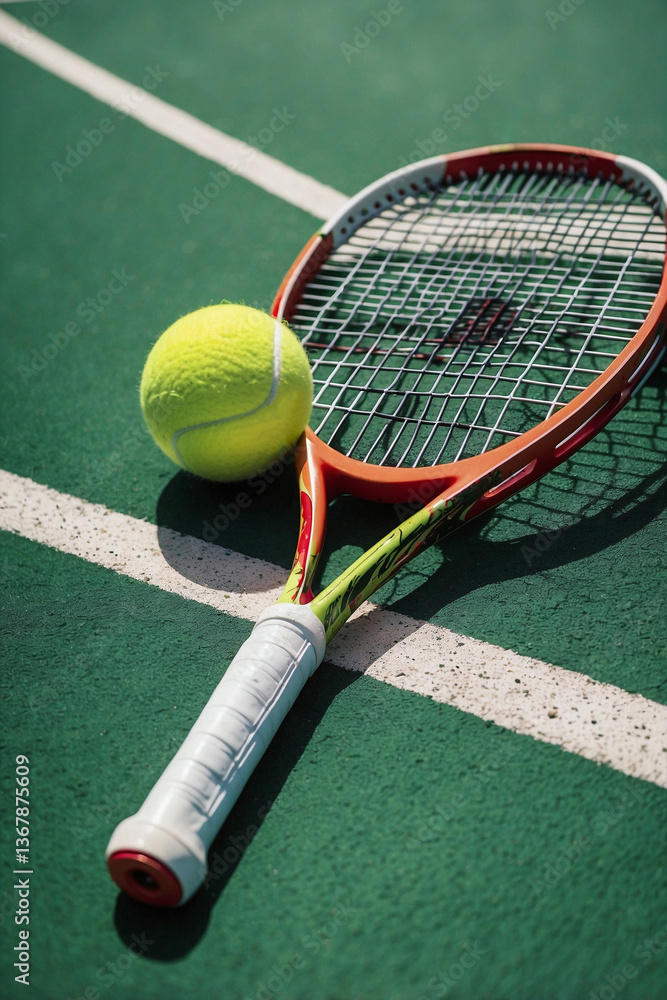 Trendy Shot of a Tennis Racket and Ball on a Tennis Court: The Dynamics of Sport and Stylish Aesthetics