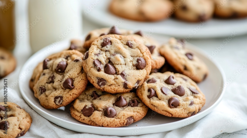 Chocolate Chip Cookies on Plate with Milk Perfect for Snack Time Chocolate Chip Cookies on Plate with Milk Perfect for Snack Time