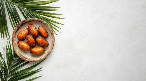 Fresh Dates with Tropical Vibes Dates in a Bowl with Palm Leaves A Natural and Tropical Presentation on white background