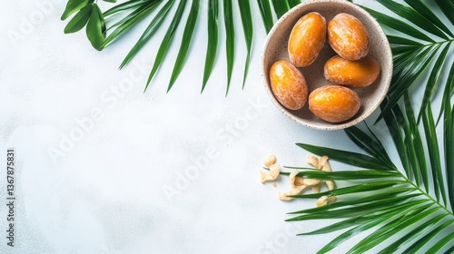 Fresh Dates with Tropical Vibes Dates in a Bowl with Palm Leaves A Natural and Tropical Presentation on white background