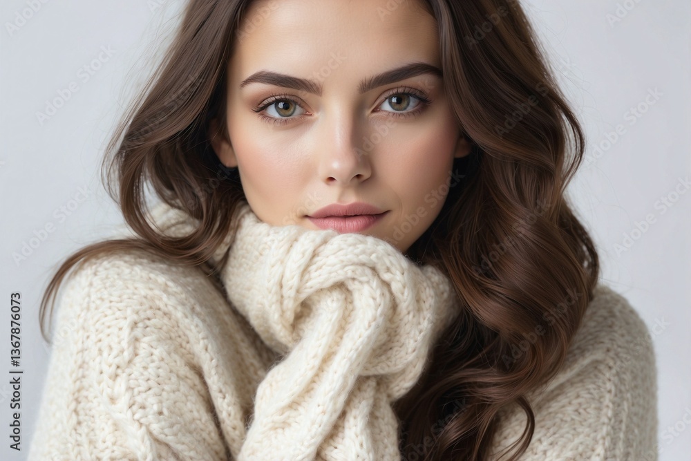 Close-Up of a Cute Brunette Woman in a Cozy Knitted Sweater: Charm and Warmth Against a White Background