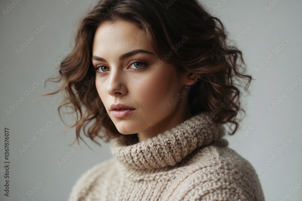 Close-Up of a Cute Brunette Woman in a Cozy Knitted Sweater: Charm and Warmth Against a White Background