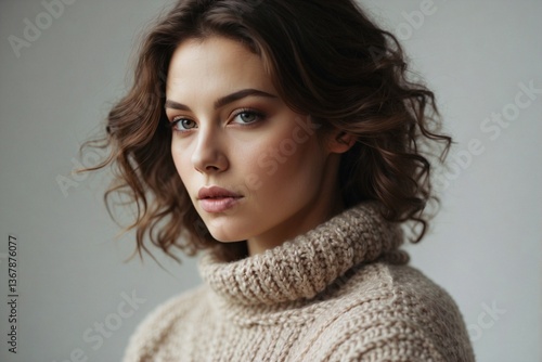 Close-Up of a Cute Brunette Woman in a Cozy Knitted Sweater: Charm and Warmth Against a White Background