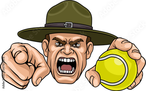 An angry drill instructor or sergeant bootcamp army soldier cartoon character holding tennis ball and pointing sports team mascot illustration.