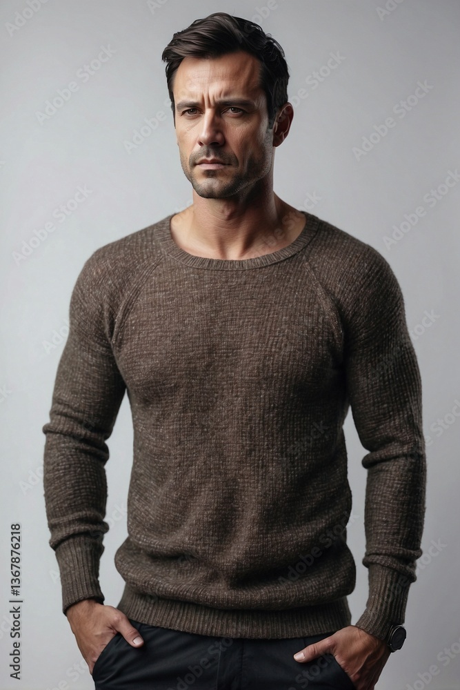 Close-Up of an Attractive Brunette Man in a Sweater: Strength and Muscles Against a White Background