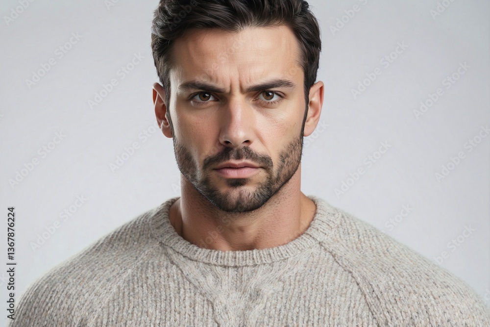 Close-Up of an Attractive Brunette Man in a Sweater: Strength and Muscles Against a White Background