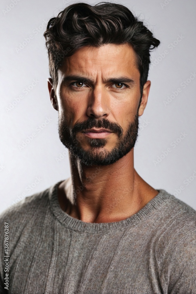 Close-Up of an Attractive Brunette Man in a Sweater: Strength and Muscles Against a White Background