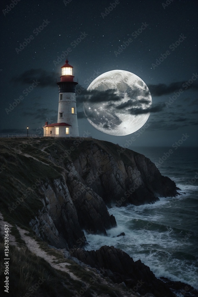 Lighthouse on the Cliff by the Ocean, Illuminated by the Full Moon: A Majestic Scene Under the Dark Night Sky
