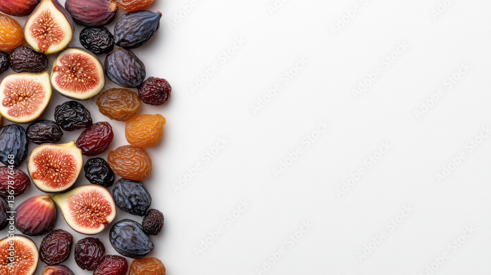 Overhead view of dried fruit medley, including figs, dates, and raisins, on a minimalist white Overhead view of dried fruit medley, including figs, dates, and raisins, on a minimalist white