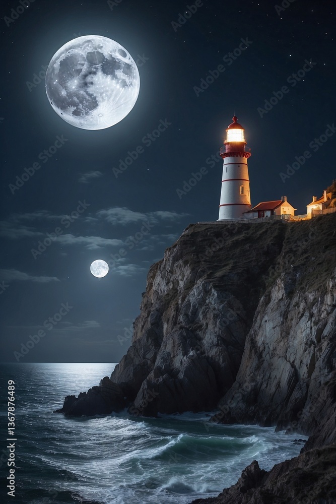 Lighthouse on the Cliff by the Ocean, Illuminated by the Full Moon: A Majestic Scene Under the Dark Night Sky