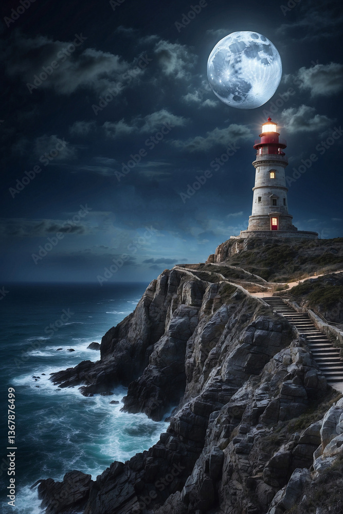 Lighthouse on the Cliff by the Ocean, Illuminated by the Full Moon: A Majestic Scene Under the Dark Night Sky