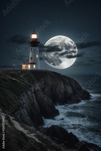 Obraz na płótnie Lighthouse on the Cliff by the Ocean, Illuminated by the Full Moon: A Majestic Scene Under the Dark Night Sky w salonie