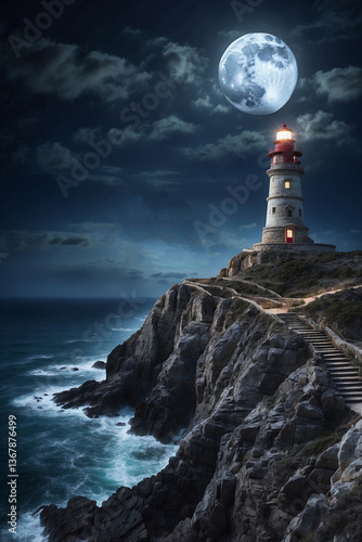 Obraz na płótnie Lighthouse on the Cliff by the Ocean, Illuminated by the Full Moon: A Majestic Scene Under the Dark Night Sky w salonie