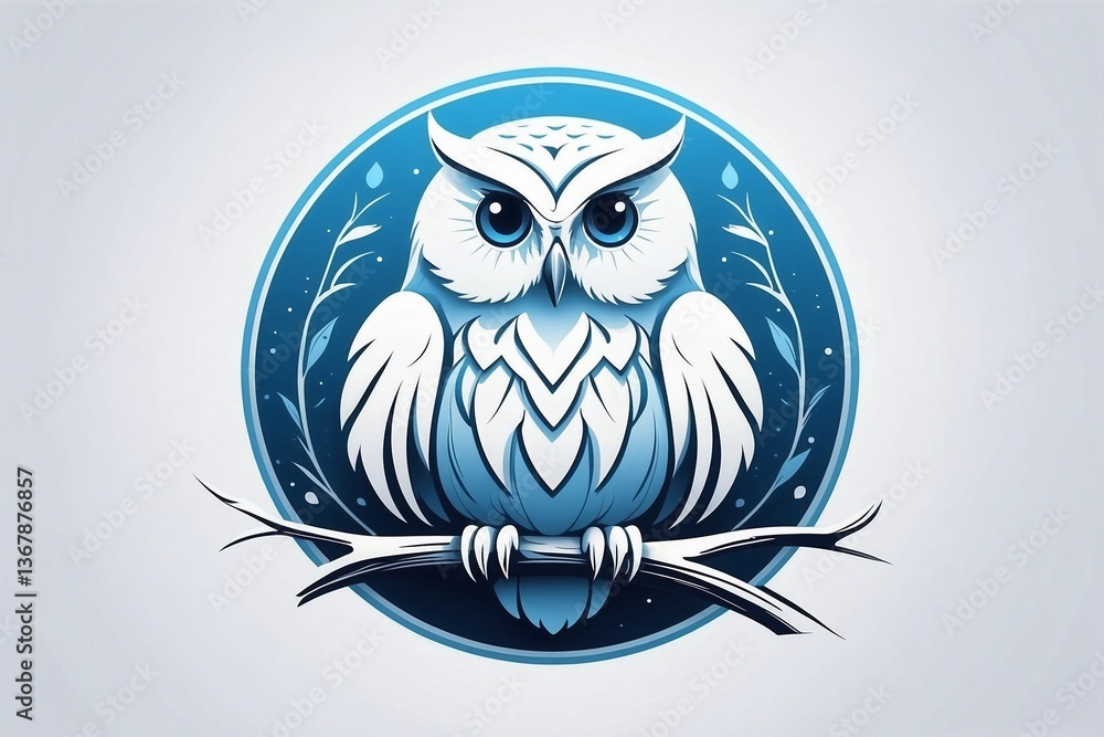 Minimalist Bright Logo Featuring a Cute White Arctic Owl in a Circle on a Clean White Background