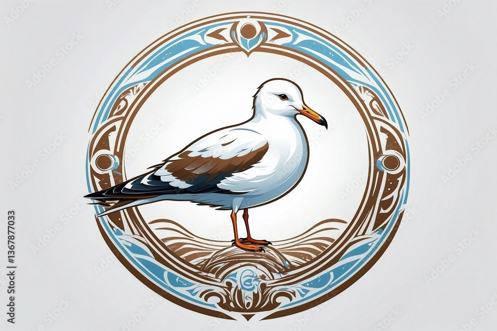 Minimalist Bright Logo Featuring a Cute White Seagull in a Circle on a Clean White Background