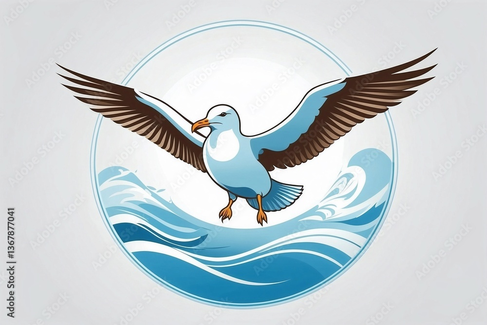 Minimalist Bright Logo Featuring a Cute White Seagull in a Circle on a Clean White Background